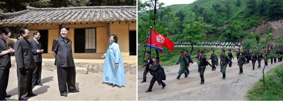 남북대화 무산 이후 북한이 16일 북·미 고위급회담을 전격 제의한 가운데 북한 내에서는 6·25전쟁 주요 전적지 답사 등을 통해 혁명 정신과 전투력 고취에 열을 올리고 있다. 김정은 국방위원회 제1위원장이 평안북도 창성의 유평혁명사적지를 시찰(왼쪽 사진)했으며 인민군 전선지구혁명사적지 답사행군대가 351고지 등을 답사(오른쪽 사진)했다고 조선중앙통신이 16일 보도했다. 평양 조선중앙통신 연합뉴스