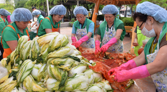 19일 서울 성동구청 앞 광장에서 열린 사랑의 여름 김치나눔행사에서 자원봉사자들이 맛깔스럽게 담근 김치를 들어보이고 있다. 성동구 사랑의 열매 나눔봉사단원 100여명이 담근 김치 11,900킬로그램은 국민기초생활보장수급자 3,460가구에 가구당 3.5킬로그램씩 지원된다. 손형준 boltagoo@seoul.co.kr