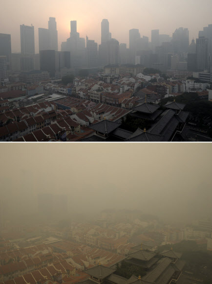 싱가포르의 대기오염지수(PSI)는 21일 정오 401을 기록해 3일째 기록을 경신했다.  AP/IVARY