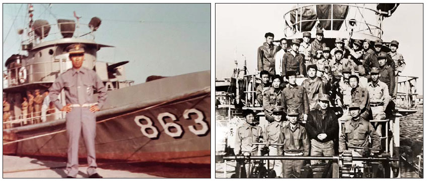1974년 6월 28일 북한 군함에 의해 침몰한 속초해양경찰대 소속 863함 앞에 선 허판구 부함장(왼쪽·당시 경위, 실종)과 출항 직전 863함과 승조원들의 모습(오른쪽).  해양경찰청 제공