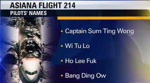 미국 캘리포니아주 샌프란시스코의 한 지역방송사가 사고기를 운항한 아시아나항공 조종사 4명의 이름을 엉터리로 소개한 영상.