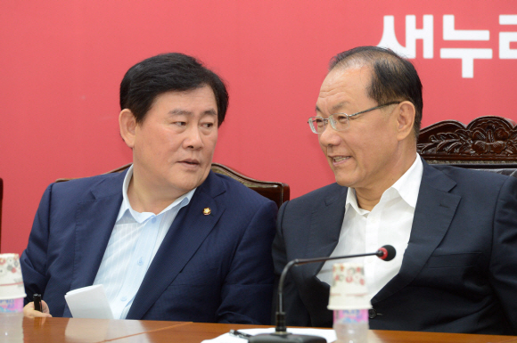 새누리당 황우여(오른쪽) 대표와 최경환 원내대표가 7일 오전 서울 여의도 당사에서 열린 최고중진연석회의에서 대화를 나누고 있다. 안주영 기자 jya@seoul.co.kr