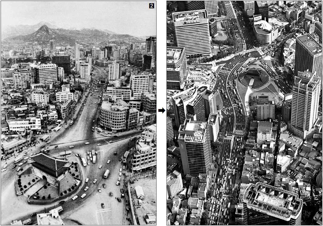 도심 재개발이 시작되기 전 남대문에서 서울시청 쪽 태평로 일대의 휑한 풍경(왼쪽·1972년)과 3차 도심 재개발이 완료된 서울역 앞에서 옛 삼성 본관까지의 빌딩숲(오른쪽·2010년)이 대조를 이룬다. 서울시 제공