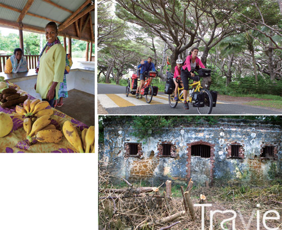2 바오 마을에서 만난 카냑 원주민과 뚱뚱한 바나나  3 부니 나무 아래를 달리는 가족여행자들  4 일데뺑의 귀향자 수용소 