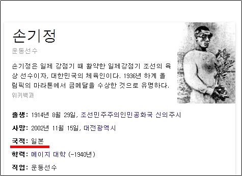 손기정 선수의 국적을 일본으로 표시한 구글 검색 결과.