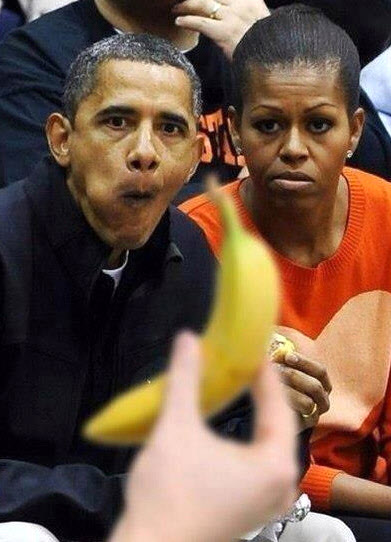 인터넷에 도는 이 사진은 오바마 대통령과 미셸 여사에게 누군가가 바나나를 들이미는 모습을 담고 있다. 바나나는 러시아 등지에서 ‘백인을 따라 하려는 유색인종’이라는 비하적 뜻이 있다.  연합뉴스