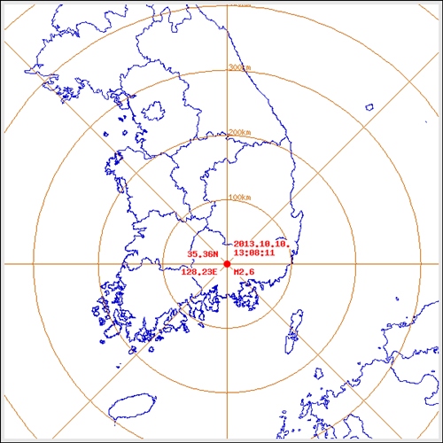 10월 10일 오후 1시 8분쯤 경남 의령군 규모 2.5 지진 발생.