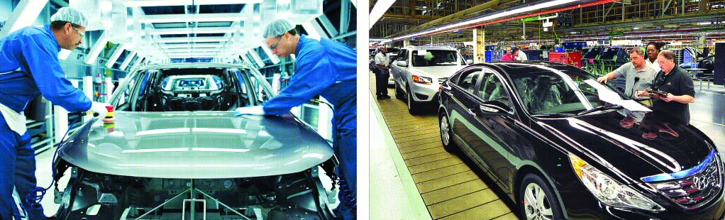 기아자동차 조지아 공장에서 현지 생산 근로자들이 도장되어 나온 차체에 마무리 작업을 하고 있다(왼쪽). 현대자동차 앨라배마 공장에서 품질 관리 직원들이 완성된 차량을 점검하고 있다.  현대·기아자동차 제공