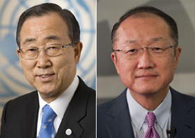 반기문(왼쪽) 유엔 사무총장과 김용(오른쪽) 세계은행 총재