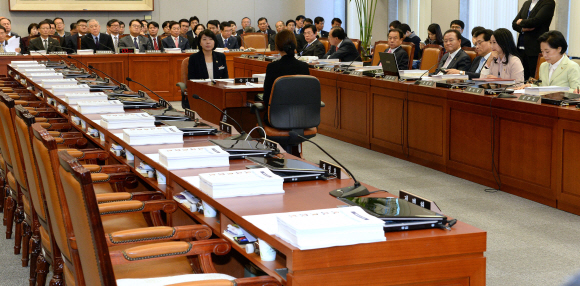 국회 운영위원회 소속 새누리당 의원들이 8일 오전 국회 운영위 회의실에서 민주당 의원들의 입장을 기다리는 가운데 왼쪽 민주당 의원들의 좌석이 텅 비어있다. 민주당은 이날 의사 일정 대부분을 중단한 채 대검찰청 앞에서 규탄대회를 열었다. 정연호 기자 tpgod@seoul.co.kr