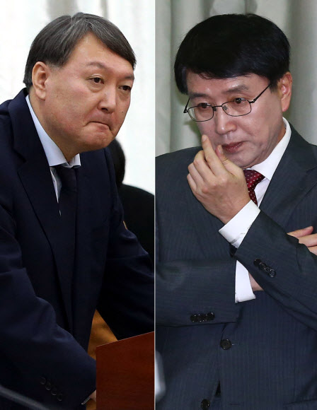 대검 감찰본부는 11일 국정원 추가수사 과정에서의 보고누락 등에 대한 감찰조사 결과 윤석열 여주지청장(전 특별수사팀장.사진 왼쪽)의 지시불이행 등 비위혐의가 인정돼 법무부에 징계를 청구했다고 밝혔다. ‘외압’ 논란을 불러일으켰으나 비위 혐의가 인정되지 않아 징계에서 제외된 조영곤 서울중앙지검장(오른쪽)은 대검 감찰 결과 무혐의 종결 처분이 내려졌다는 소식이 전해지자마자 전격 사의를 표명했다.   연합뉴스