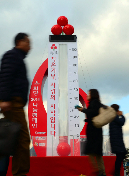 19일 서울 광화문광장에 설치된 사랑의 온도탑 앞을 시민들이 바삐 걸어가고 있다.정연호 기자 tpgod@seoul.co.kr