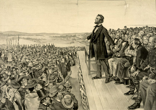 19일 미국 16대 대통령 에이브러햄 링컨의 ‘게티즈버그 연설’ 150주년을 맞아 미국 전역에 ‘링컨 바람’이 불고 있다. 링컨이 1863년 11월 19일 펜실베이니아주 게티즈버그 국립묘지 봉헌식에서 연설하는 모습을 그린 그림. 서울신문 포토라이브러리
