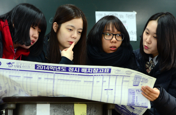27일 서울 배화여고에서 3학년 학생들이 수능성적표를 받고 배치표를 살펴보고 있다. 정연호 기자 tpgod@seoul.co.kr