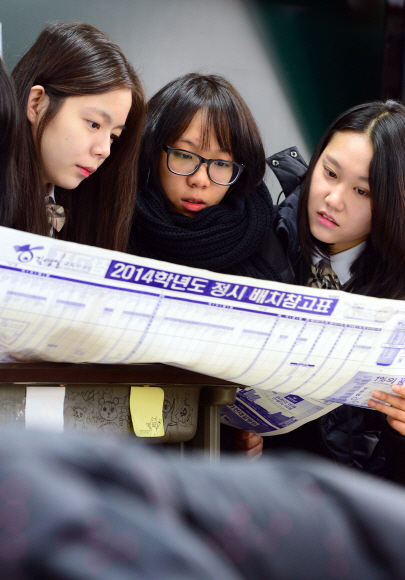 27일 서울 배화여고에서 3학년 학생들이 수능성적표를 받고 배치표를 살펴보고 있다.  정연호 기자 tpgod@seoul.co.kr