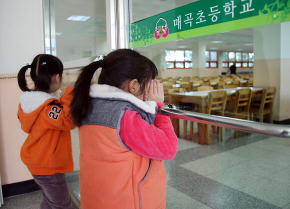 텅 빈 급식소 바라보는 아이들 학교비정규직노조의 파업으로 29일 울산지역 21개 학교에서 급식 차질을 빚었다. 울산 매곡초등학교 학생들이 이날 파업으로 급식이 중단돼 텅 빈 급식소를 바라보고 있다.   연합뉴스