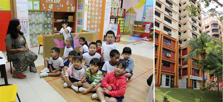 싱가포르 북부 우드랜즈 지역의 주택개발청(HDB) 공공아파트 1층에 위치한 공립유치원인 ‘인민행동당 커뮤니티 재단(PCF)’ 우드그로브 지점(오른쪽)에서 5세 아이들이 수업에 참여하고 있다.