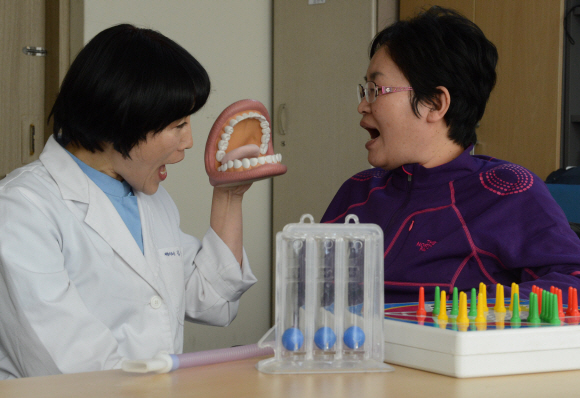 인지능력을 상실한 김순임(오른쪽)씨가 김선복 치료사로부터 1대1 언어소통 치료를 받고 있다.