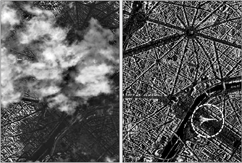 미래창조과학부가 1일 레이더 관측위성인 다목적 실용위성 5호(아리랑 5호)가 촬영한 프랑스 파리의 모습(오른쪽)을 공개했다. 광학 관측위성인 다목적 실용위성 3호(아리랑 3호·왼쪽)와 달리 기상 상황과 관계없이 에펠탑(점선)과 개선문 등을 선명하게 확인할 수 있다. 미래창조과학부 제공
