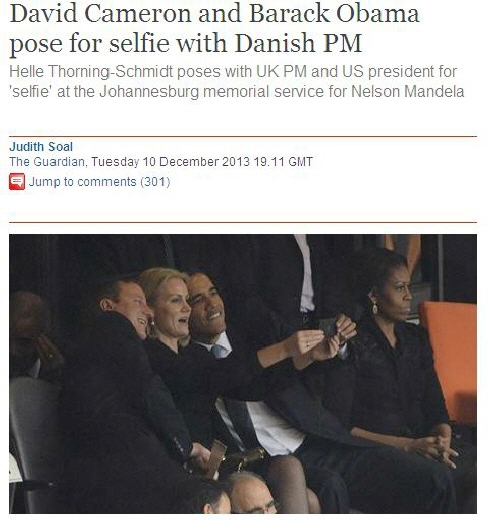 왼쪽부터 데이비드 캐머런 영국 총리, 헬레 토르닝 슈미트 덴마크 총리, 버락 오바마 미국 대통령, 영부인 미셸 오바마. / 가디언 홈페이지 캡처