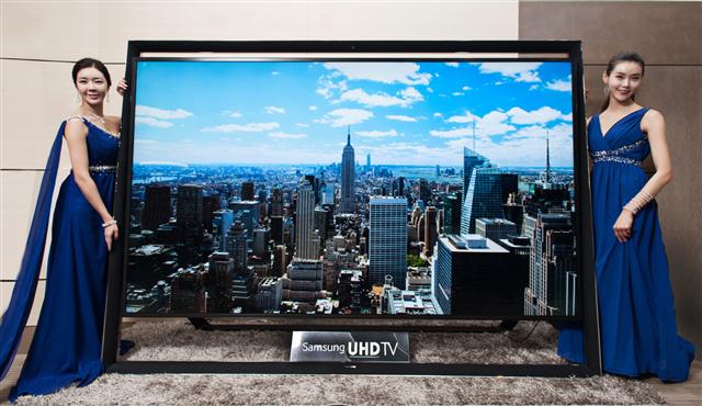 삼성전자가 30일 출시한 세계 최대 크기의 110인치형 울트라고화질(UHD) TV의 모습. 출시 가격이 15만~17만 달러(1억 6000만원~1억 7000만원)로 정해진 이 제품은 가로 2.6m, 세로 1.8m로 킹사이즈 침대보다 크다. 삼성전자 제공