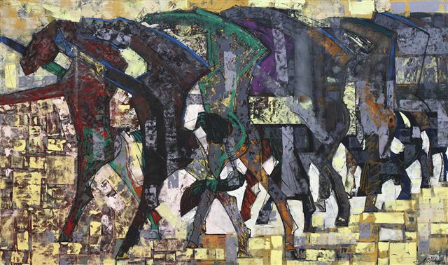 몽골 작가 차드라발 아디야바자르의 ‘Horse composition’. 캔버스에 오일을 이용해 드넓은 대지를 달리는 말들을 표현했다. 롯데갤러리 제공