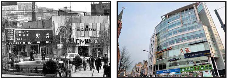 대학생들의 만남 장소였던 서울 서대문구 신촌 독수리다방의 1970년대 모습(왼쪽)과 현재 모습(오른쪽). 1971년 문을 연 독수리다방은 2005년 폐업했다가 지난해 건물 8층에 재개업했다. 1970년대 모습은 다방 내 갤러리에 전시된 사진을 재촬영한 것이다. 