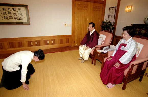2000년 김대중 전 대통령 내외가 청와대 관저에서 신년 세배를 받고 있다.
