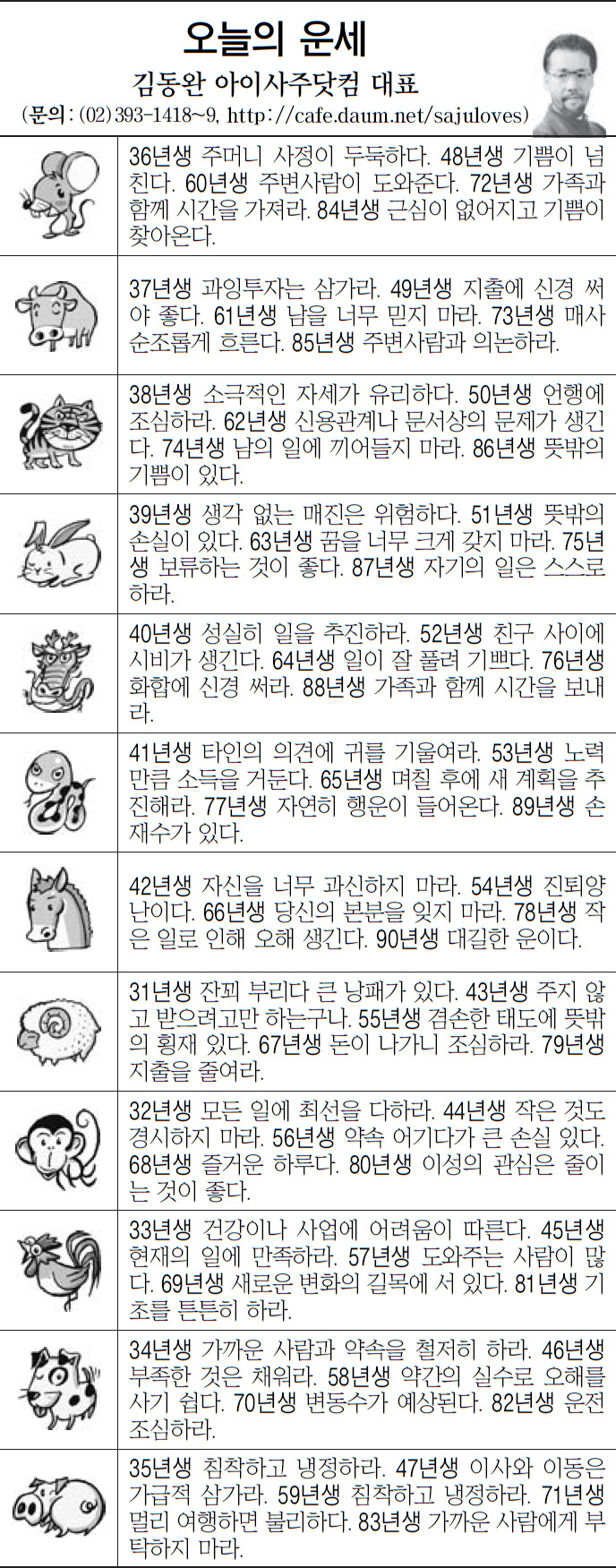 [오늘의 띠별 운세] 2014년 1월 29일 수요일 (오늘의운세)