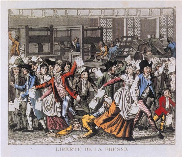 프랑스 혁명 이후 유럽의 급격한 사회 변화는 인쇄출판의 자유와 밀접한 관계를 갖는다. 인쇄출판의 자유를 얻은 프랑스인들이 인쇄물을 제작해 널리 퍼뜨리는 장면을 담은 1797년의 채색판화.  알마 제공