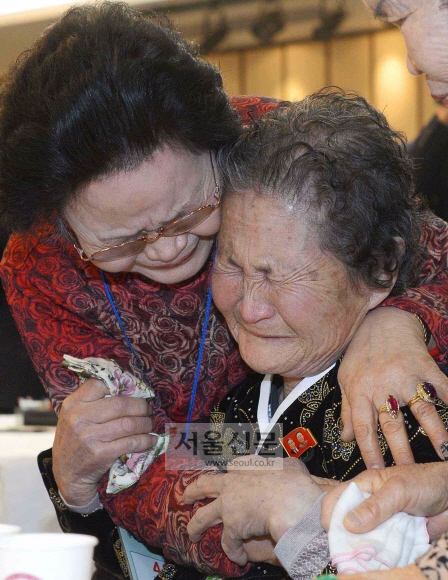 남측 김사문(왼쪽)씨가 북측에 사는 언니 김태운(78)씨를 만나 서로 얼싸안은 채 울고 있다. 금강산 박지환 기자 popocar@seoul.co.kr