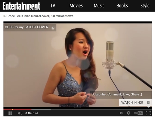 렛잇고 커버 영상 6위에 오른 그레이스 리. / 엔터테인먼트 위클리 홈페이지