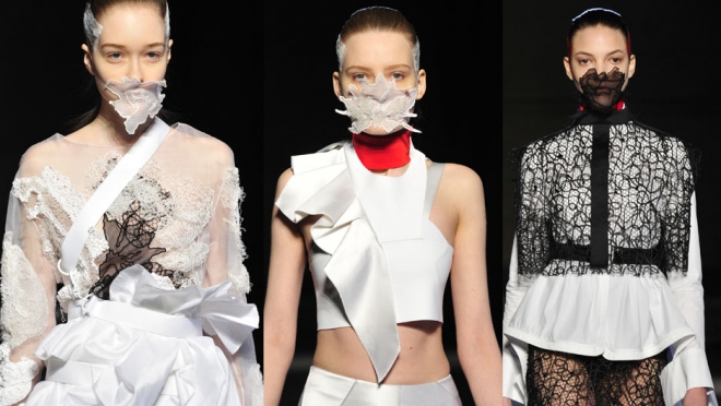 6일(현지시간) 모델들이 프랑스 파리 패션위크에서 마샤 마(Masha Ma’s)의 2014-15 가을/겨울 여성기성복 컬렉션 작품을 선보이고 있다. AP/뉴시스