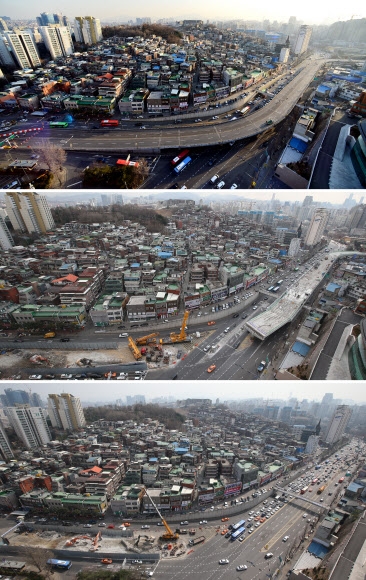 윗쪽 사진은 2월 6일 아현고가 모습, 가운데는 철거가 진행중인 3월 6일 아현고가의 모습. 아래 사진은 철거가 완료된 26일 모습. 서울시 제공