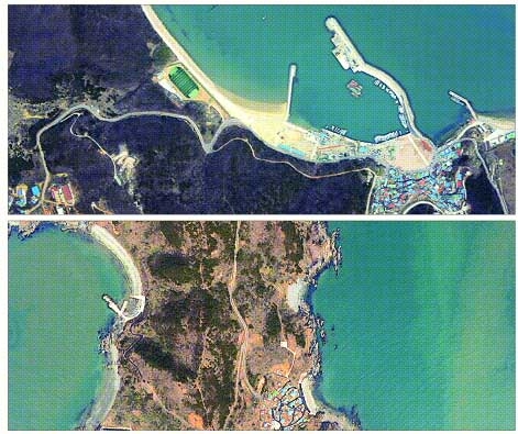 국방부가 지난달 31일 백령도에 연료 부족으로 추락한 무인항공기가 찍은 사진들을 3일 공개했다. 북한군이 발진한 것으로 판정된 무인기에 탑재된 디지털 카메라에 대청도(위)와 소청도(아래) 군 및 항만시설이 촬영돼 있다.   국방부 제공