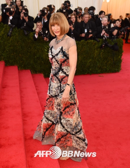 미국 뉴욕 의상연구소 찰스 제임스 갈라패션쇼가 5일(현지시간) 저녁 메트로폴리탄 미술관에서 열렸다. 뉴욕의 패션계 연례 행사중 가장 중요한 이벤트로 손꼽히는 이 행사에는 패션계는 물론이고 헐리우드 스타들까지 대거 참석해 성황을 이뤘다. 패션잡지 ‘보그’의 전설적인 편집장 안나 윈투어가 포즈를 취하고 있다.  1978년에 사망한 찰스 제임스는 20세기 중반 최고의 디자이너로 화려하고 세공이 많이 들어간 드레스에 섬세한 드레이핑 기술을 도입한 의상의 전문가로 손꼽힌다.  ⓒ AFPBBNews=News1