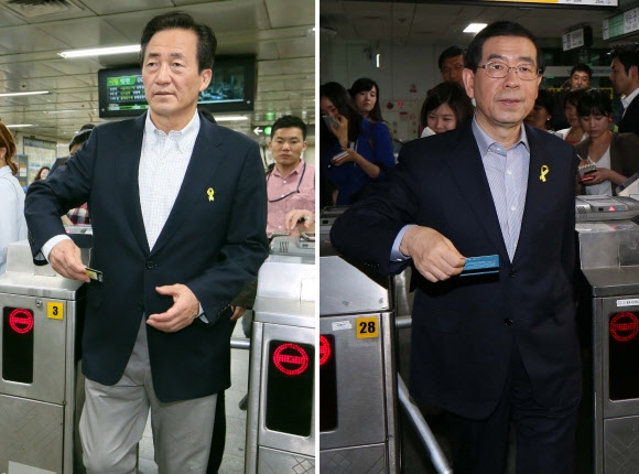 정몽준·박원순, 지하철 타고 선거운동 나서