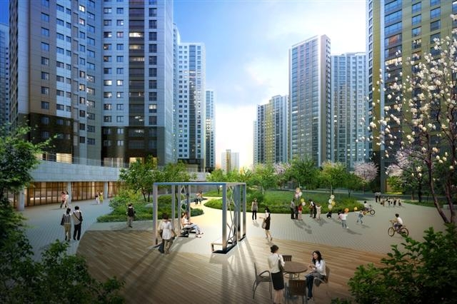 김포 한강 센트럴자이 조감도. 대규모 아파트 단지로 에너지절감, 안전시스템 설계가 돋보인다.