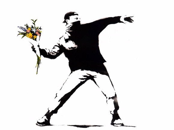 그라피티 예술가 뱅크시의 게릴라 가드닝을 상징하는 그림 작품.