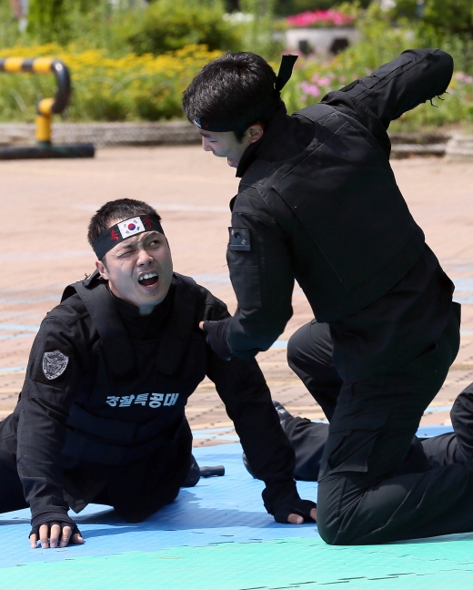 [포토] 경찰특공대, 지나친 표정연기?...인천아시아경기대회 대테러 종합훈련
