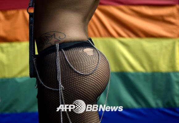 콜롬비아 안티오키아주 메델린 지역에서 게이 프라이드 퍼레이드를 맞아 한 남성이 망사로 된 하의를 입고 포즈를 취하고 있다. 사진 ⓒ AFPBBNews=News1/ 온라인뉴스부 iseoul@seoul.co.kr