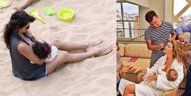 아기에게 젖을 주는 페넬로페 크루즈와 지젤 번천