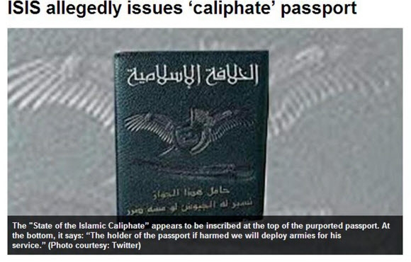아랍권 위성방송 알아라비야가 공개한 IS의 새 여권 표지로 밑에는 ‘여권 소지자가 피해를 입으면 돕기 위해 군을 파견할 것이다’라고 쓰여 있다.