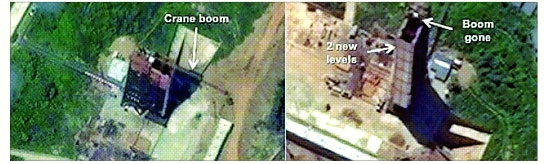 미국의 북한 전문 웹사이트 ‘38노스’가 29일(현지시간) 공개한 올해 6월(왼쪽)과 7월(오른쪽)의 북한 평안북도 철산군 동창리 서해 로켓 발사장 모습. 38노스는 북한이 증축을 통해 2012년 ‘은하3호’ 로켓 발사 때보다 동창리 발사대 높이를 2층(20m) 정도 더 올렸다고 분석했다.  38노스 웹사이트