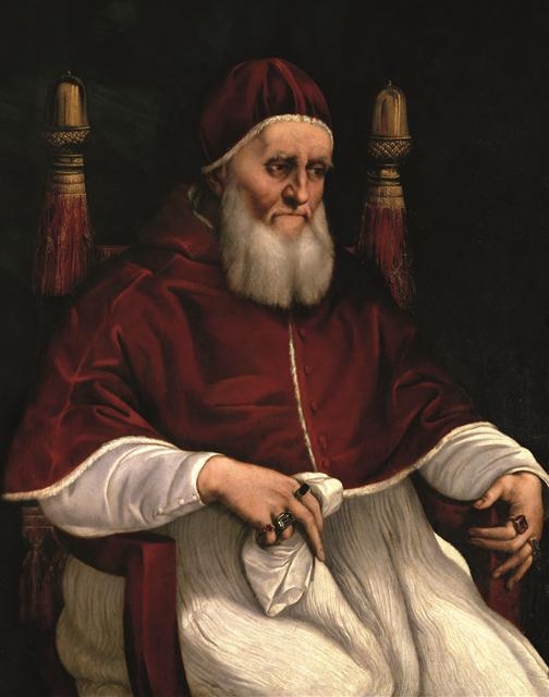 세속적인 측면에서 교황권을 확고히 세우는 것이 주요 과업이었던 말년의 율리오 2세(라파엘 작).