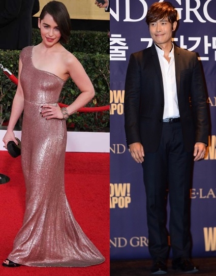 에밀리아 클라크.1월 19일 로스앤젤레스에서 열린 미국배우조합상 시상식에 참석했을 때.TOPIC / SPLASH NEWS(www.topicimages.com) 이병헌, 2013년 8월 27일 서울 여의도 렉싱턴호텔에서 이랜드그룹의 ‘공연사업 진출 기자간담회’때.서울신문 포토라이브러리.