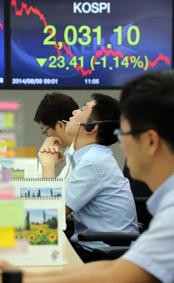 우크라이나와 이라크 사태로 투자심리가 얼어붙으면서 코스피가 1% 넘게 하락한 8일 오후 서울 중구 외환은행 본점 딜링룸에서 직원들이 업무를 보고 있다. 이날 코스피는 전일보다 23.41포인트(1.14%) 내린 2,031.10에 거래를 마쳤다.  연합뉴스