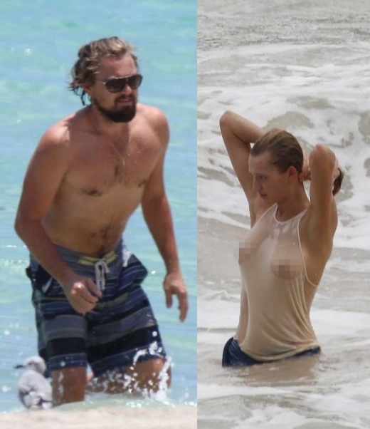 왼쪽 사진:7월 19일(현지시간) 마이애미 해변의 디카프리오.사진=TOPIC / SPLASH NEWS(www.topicimages.com) 오른쪽 사진: 2013년 12월 카리브해에 위치한 생 바르텔르미(St Barthelemy)에서 훤히 비치는 티만 입은 채 물에 들어간 토나 가른. 사진=TOPIC / SPLASH NEWS(www.topicimages.com) 