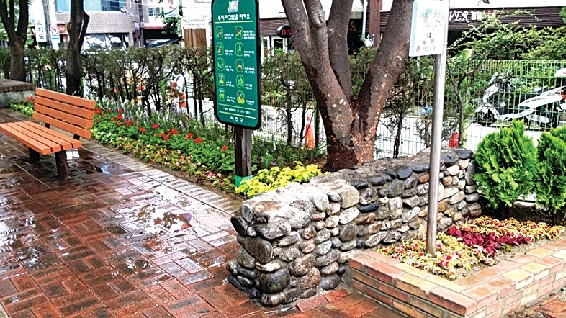 비닐봉지와 먹다 버린 음료수병 및 종이컵 등으로 지저분했던 서초구 양재1동 마을마당 주변이 게릴라가드닝 후 깨끗하게 변신했다. 서초구 제공