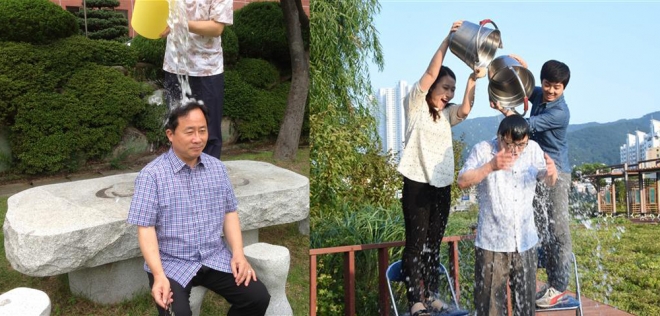 김석준(왼쪽) 부산시 교육감과 서병수 부산시장이 루게릭병 환자를 돕기 위한 ‘아이스 버킷 챌린지’ 캠페인에 동참해 얼음물을 뒤집어쓰고 있다. 부산시교육청·부산시 제공